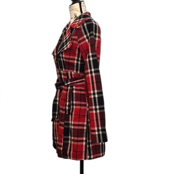 Vtg Y2K Wet Seal Plaid Peacoat S Wool Blend Belted Red Preppy Mall Goth Coat - Picture 3 of 10